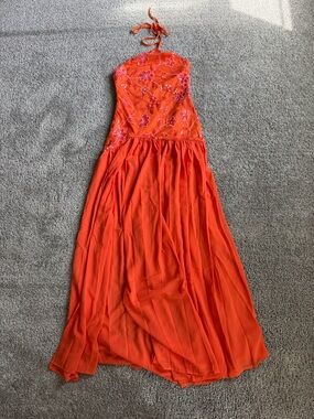Peppermayo Strapless Orange Halter Floral Evening Dress